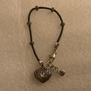 Brighton Black Leather Cord Heart Charm Bracelet Crystal Scroll Silver Beads